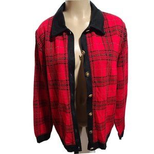 Eccobay Red & Black Metallic Thread Plaid Faux Sweater Cardigan Women Sz L  S4